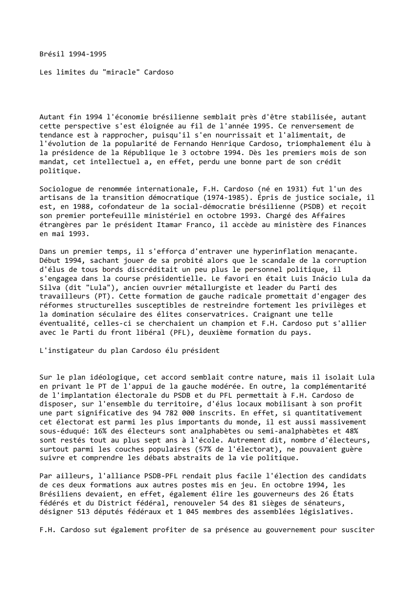 Prévisualisation du document Brésil (1994-1995): Les limites du "miracle" Cardoso