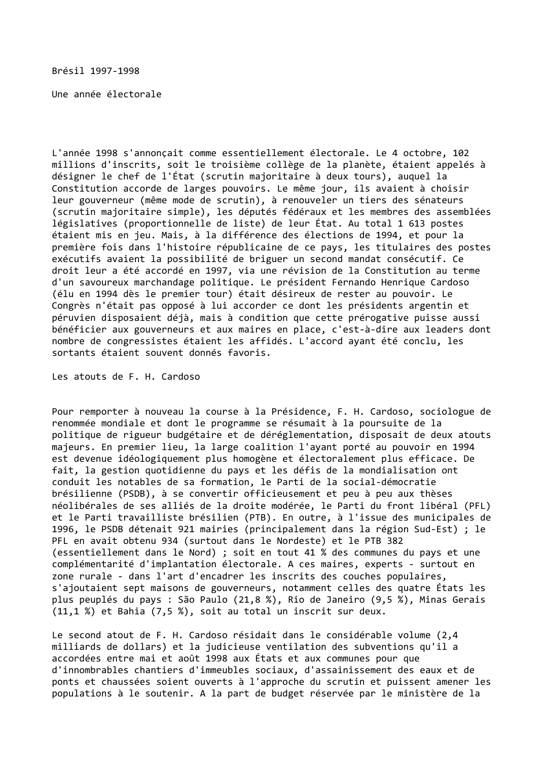 Prévisualisation du document Brésil (1997-1998) : Une année électorale