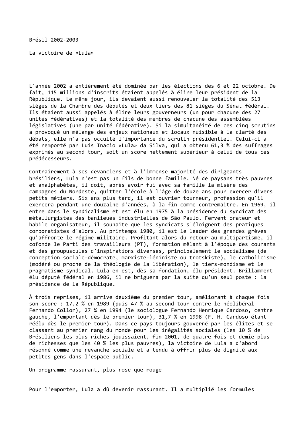 Prévisualisation du document Brésil 2002-2003  

La victoire de «Lula»