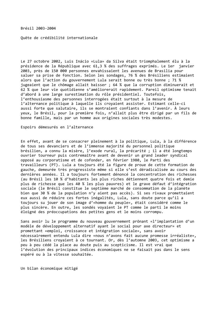 Prévisualisation du document Brésil (2003-2004): Quête de crédibilité internationale