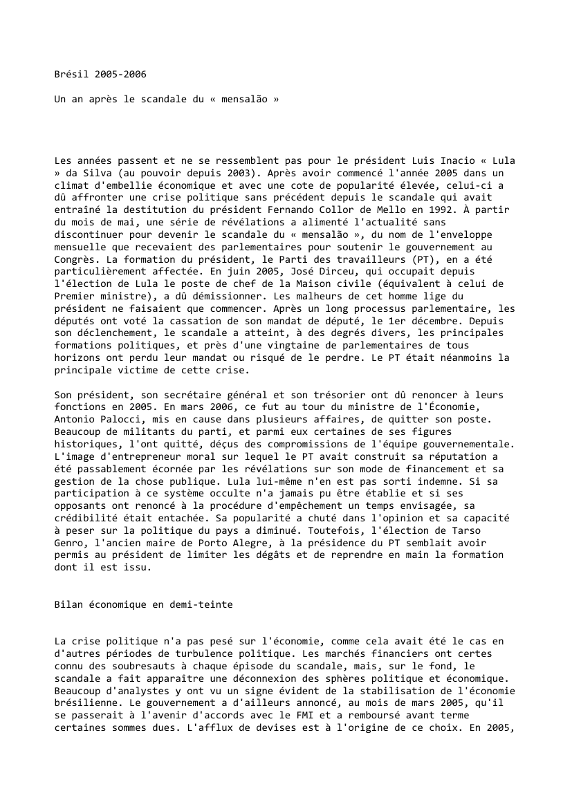 Prévisualisation du document Brésil (2005-2006): Un an après le scandale du « mensalão »