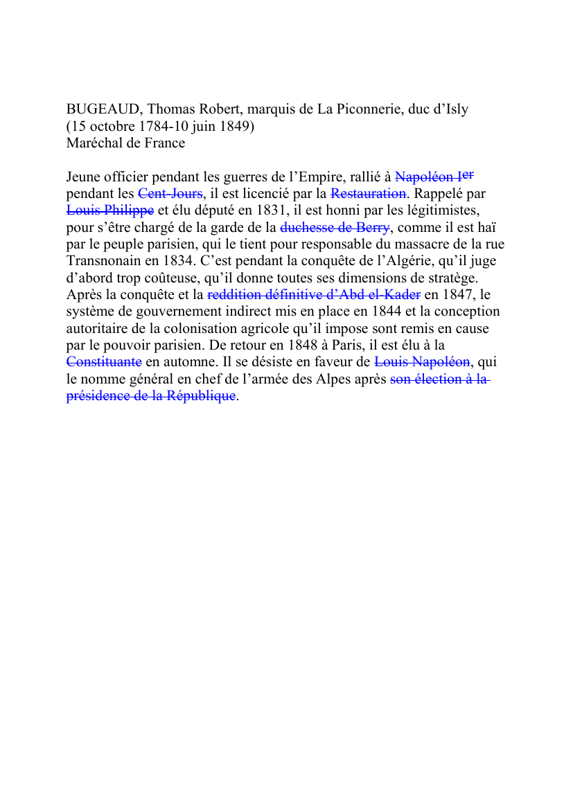 Prévisualisation du document BUGEAUD, Thomas Robert, marquis de La Piconnerie, duc d'Isly (15 octobre 1784-10 juin 1849)