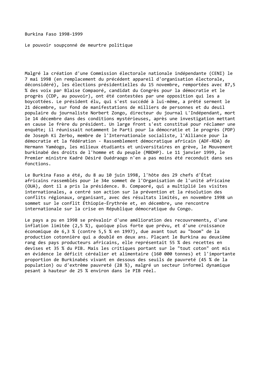 Prévisualisation du document Burkina Faso 1998-1999
Le pouvoir soupçonné de meurtre politique

Malgré la création d'une Commission électorale nationale indépendante (CENI) le
7...