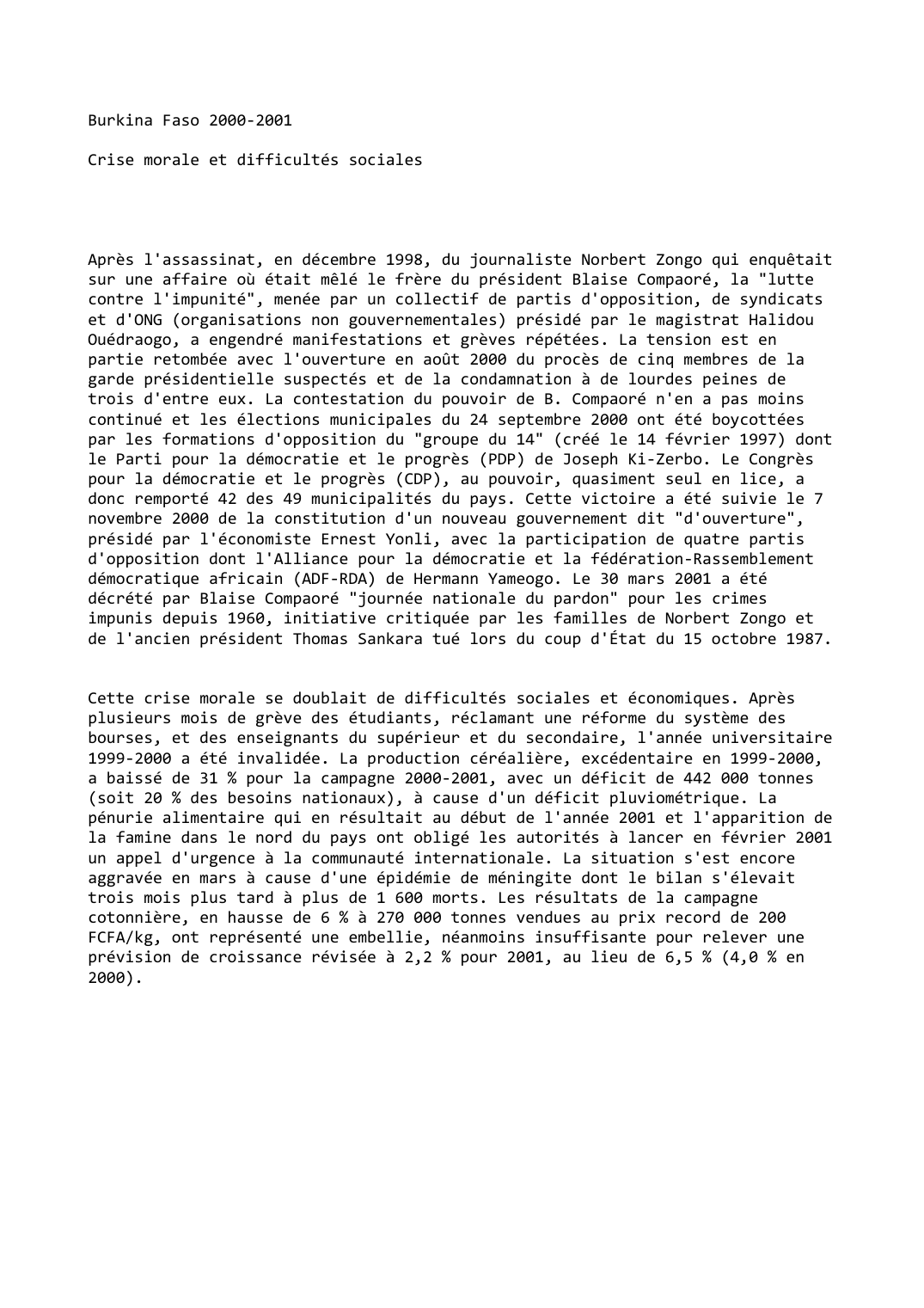 Prévisualisation du document Burkina Faso (2000-2001): Crise morale et difficultés sociales