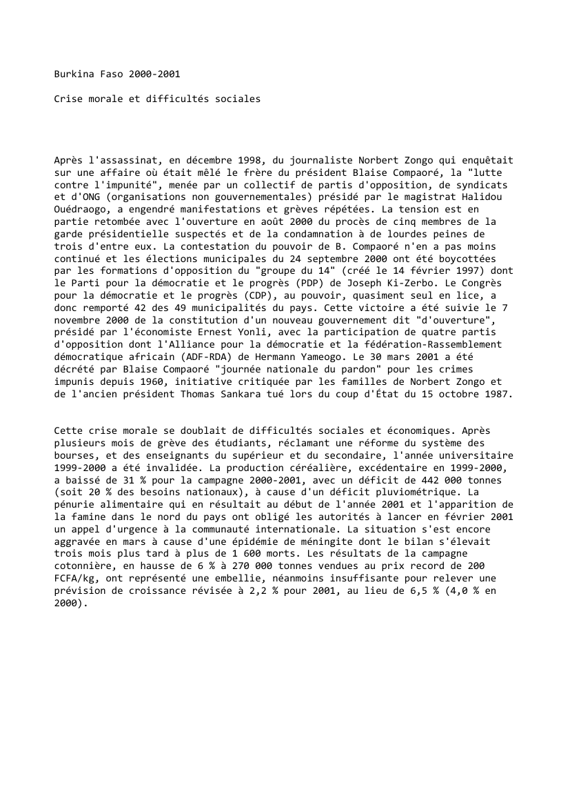 Prévisualisation du document Burkina Faso (2000-2001)

Crise morale et difficultés sociales