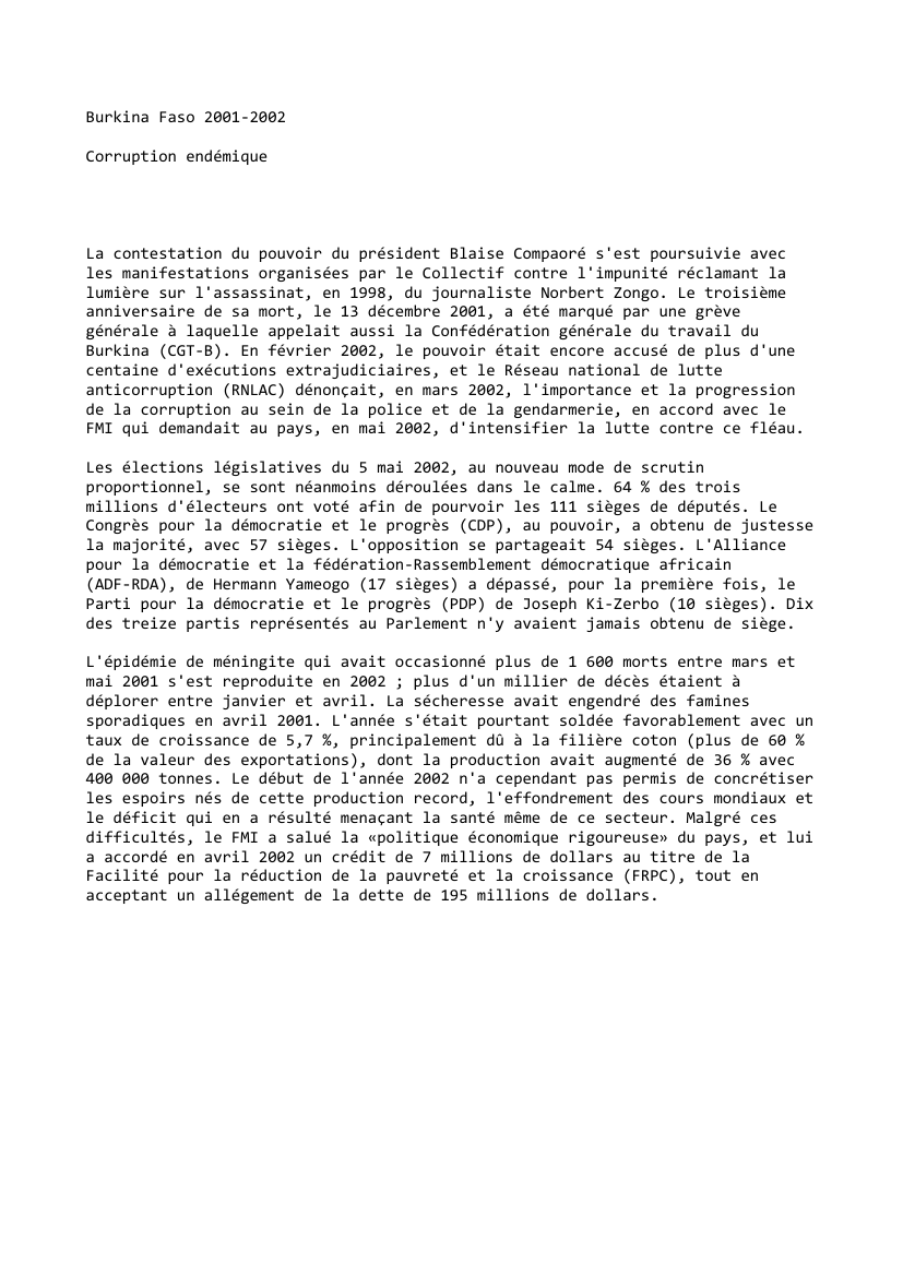 Prévisualisation du document Burkina Faso (2001-2002)

Corruption endémique