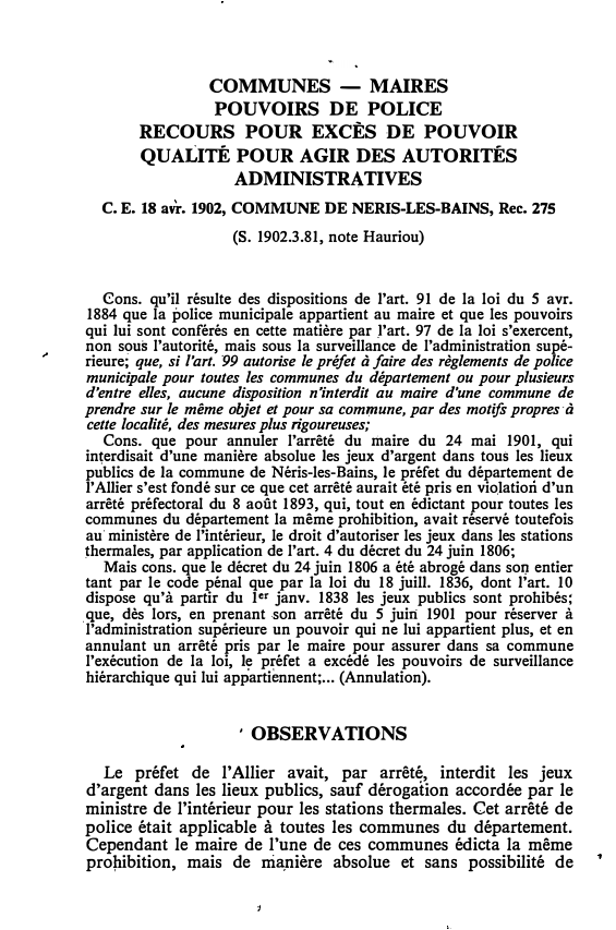 Prévisualisation du document C. E. 18 avril 1902, COMMUNE DE NERIS-LES-BAINS, Rec. 275