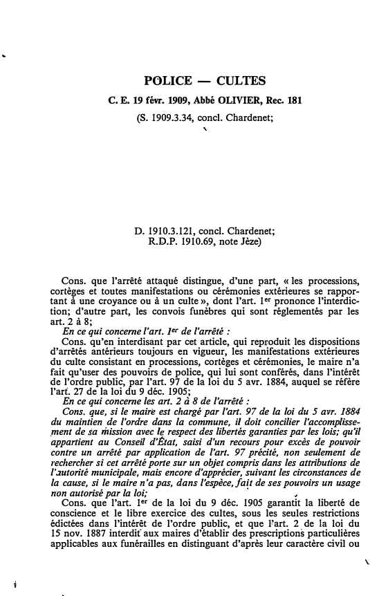 Prévisualisation du document C. E. 19 févr. 1909, Abbé OLIVIER, Rec. 181