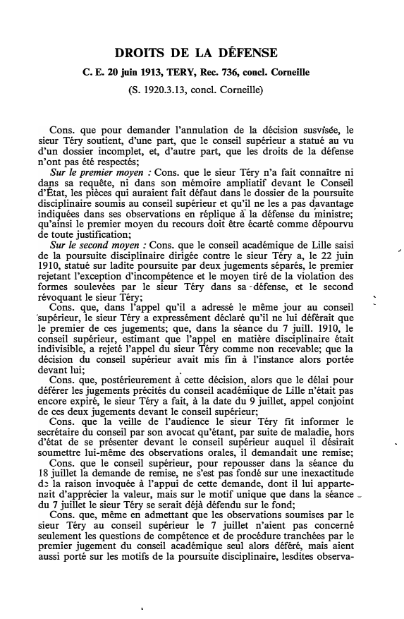 Prévisualisation du document C. E. 20 juin 1913, TERY, Rec. 736, concl. Corneille