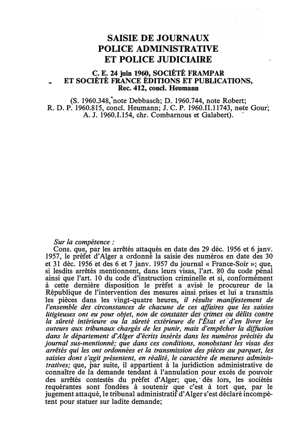 Prévisualisation du document C. E. 24 juin 1960, SOCIÉTÉ FRAMPAR ET SOCIÉTÉ FRANCE ÉDITIONS ET PUBLICATIONS, Rec. 412, concl. Heumann