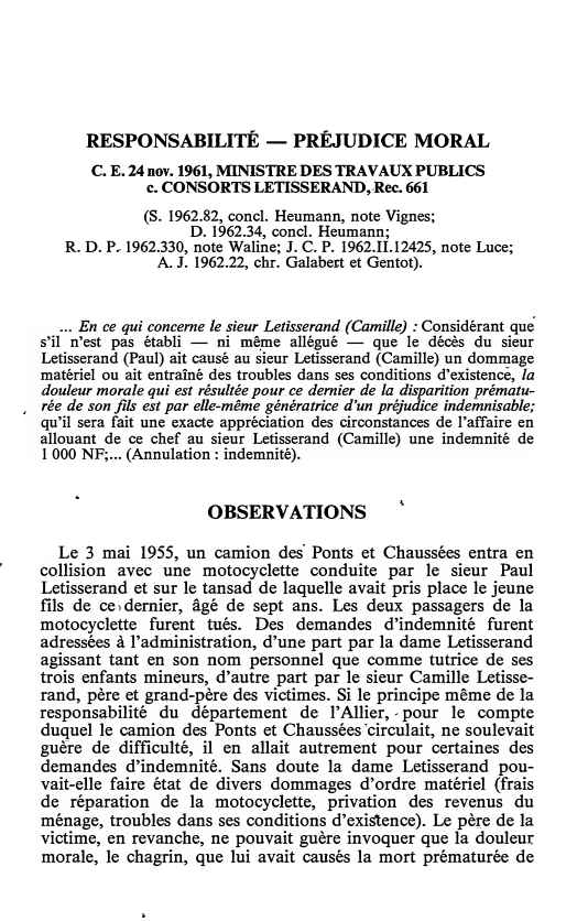 Prévisualisation du document C. E. 24 nov. 1961, MINISTRE DES TRAVAUX PUBLICS c. CONSORTS LETISSERAND, Rec. 661