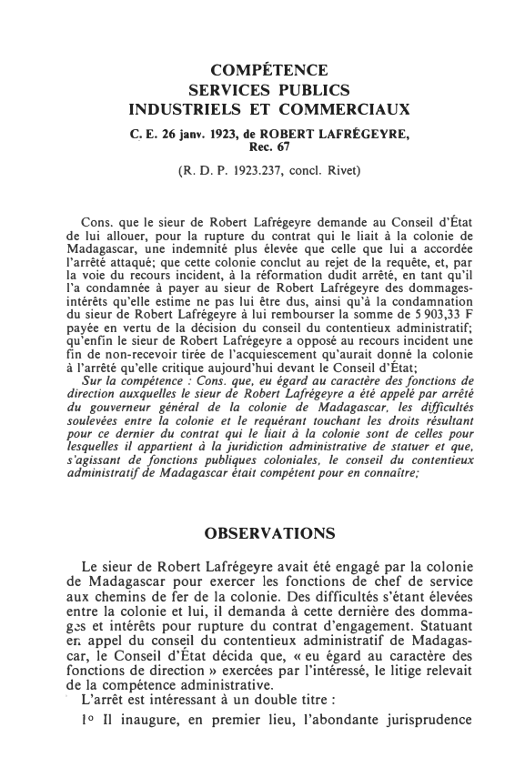 Prévisualisation du document C,. E. 26 janv. 1923, de ROBERT LAFRÉGEYRE, Rec. 67