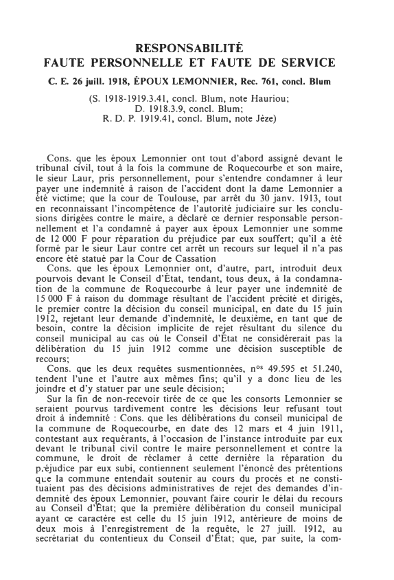 Prévisualisation du document C. E. 26 juill. 1918, ÉPOUX LEMONNIER, Rec. 761, concl. Blum