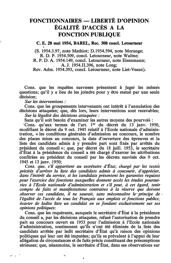 Prévisualisation du document C. E. 28 mai 1954, BAREL, Rec. 308 concl. Letourneur