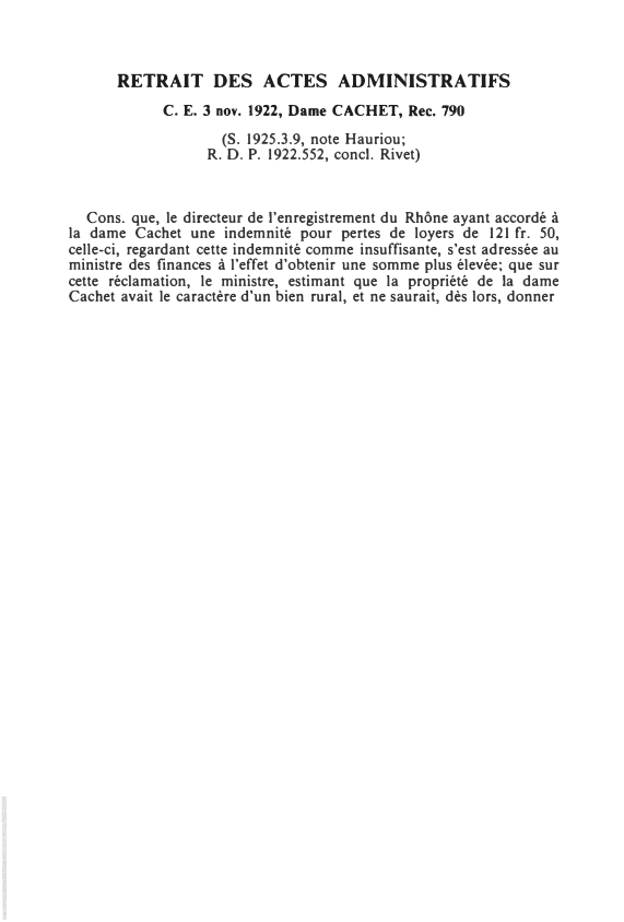 Prévisualisation du document C. E. 3 nov. 1922, Dame CACHET, Rec. 790