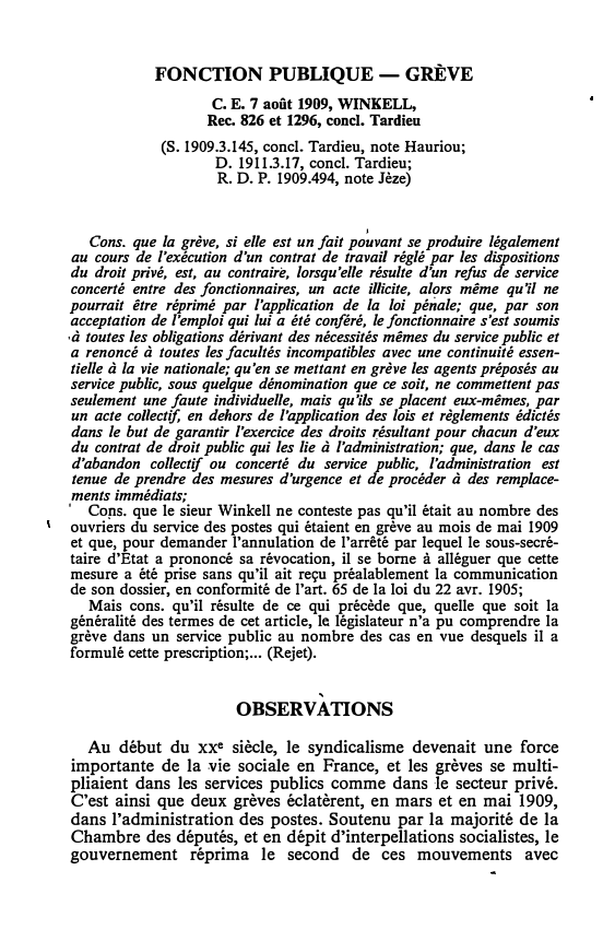 Prévisualisation du document C. E. 7 août 1909, WINKELL, Rec. 826 et 1296, concl. Tardieu