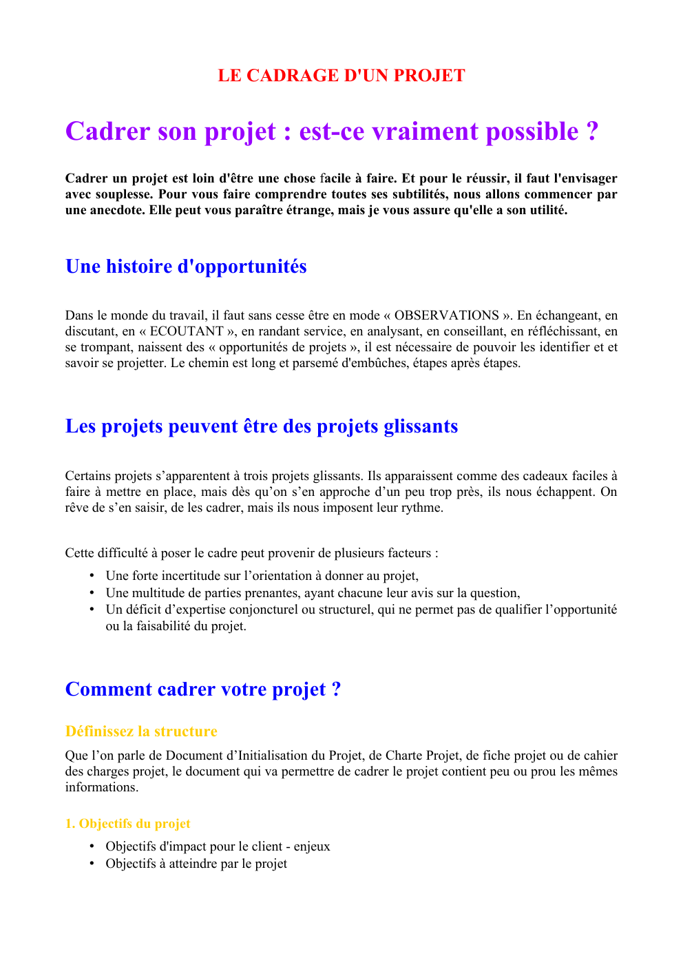Prévisualisation du document CADRAGE D'UN PROJET EN MASTER 1 MATIERE GESTION DE PROJET