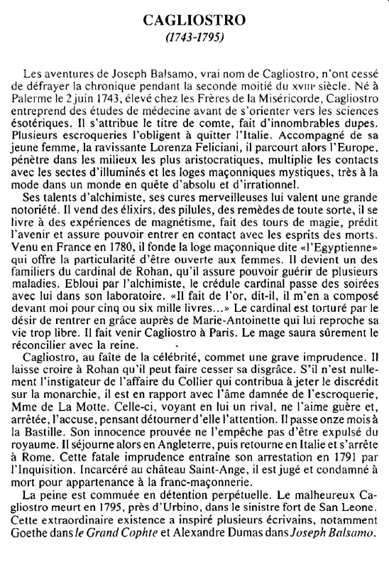 Prévisualisation du document CAGLIOSTRO(1743-1795)- Biographie.