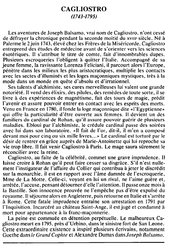 Prévisualisation du document CAGLIOSTRO(1743-1795) - BIOGRAPHIE.