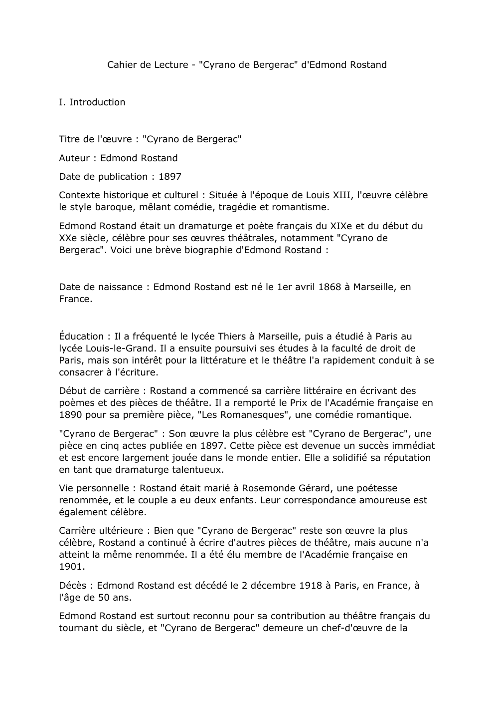 Prévisualisation du document Cahier de Lecture - "Cyrano de Bergerac" d'Edmond Rostand
