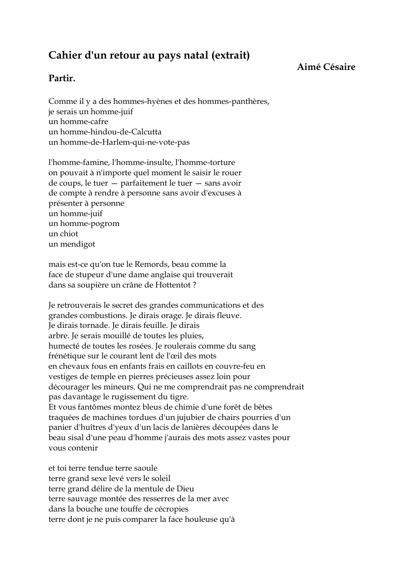Prévisualisation du document Cahier d'un retour au pays natal (extrait)Aimé CésairePartir.