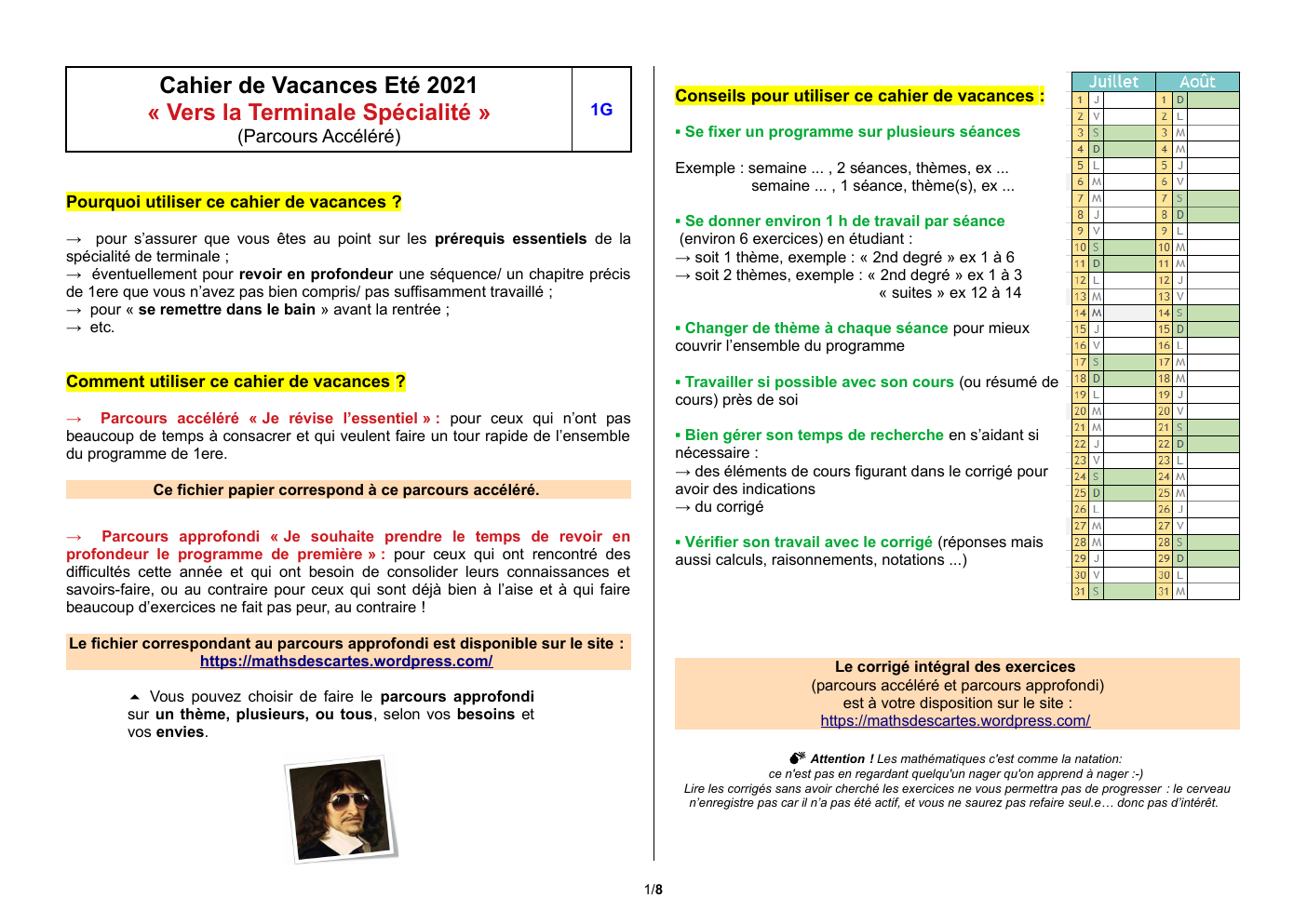 Prévisualisation du document Cahier vacances 1ère vers Term spé maths - Cahier de Vacances Eté 2021 « Vers la Terminale Spécialité »  Conseils pour utiliser ce cahier de vacances :  1G