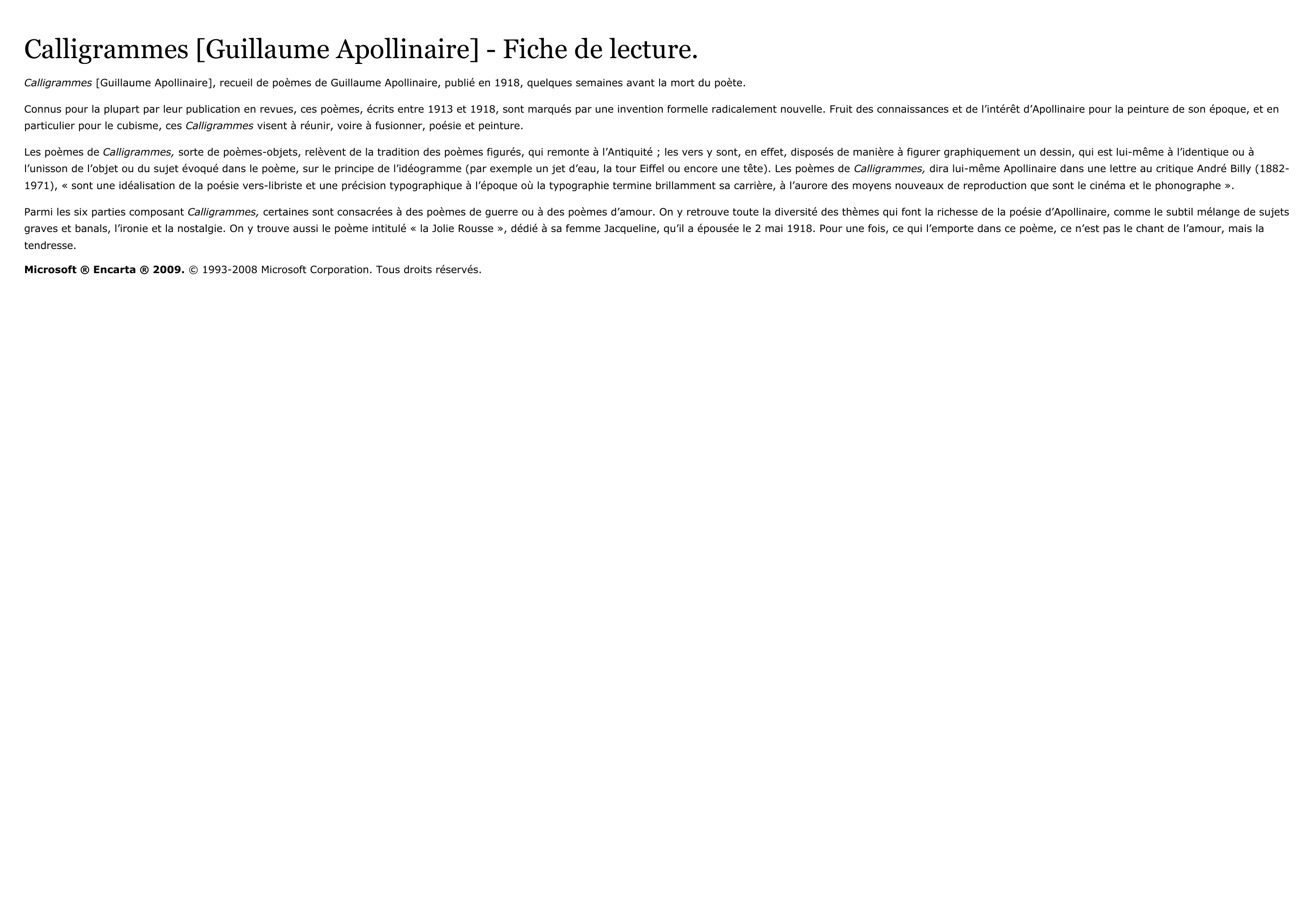 Prévisualisation du document Calligrammes de  Guillaume Apollinaire (résumé & analyse)