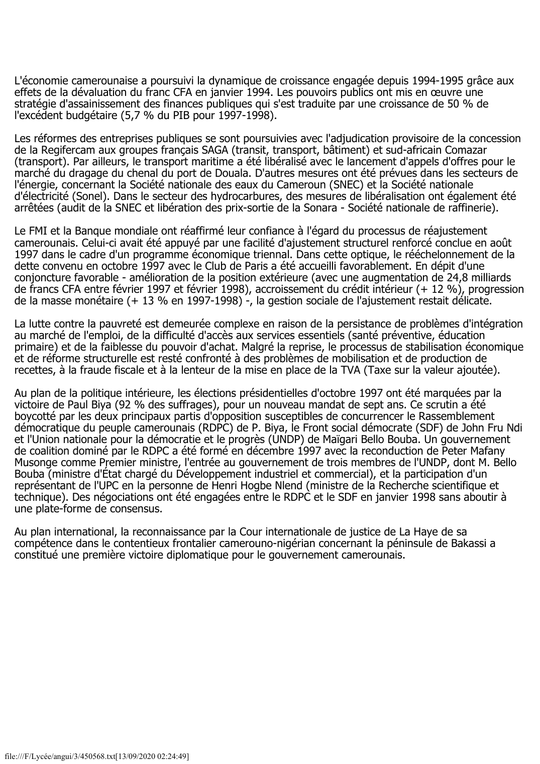 Prévisualisation du document Cameroun (1997-1998)