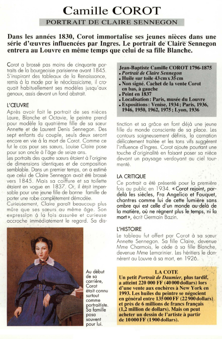Prévisualisation du document Camille COROT:PORTRAIT DE CLAIRE SENNEGON.