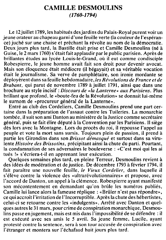 Prévisualisation du document CAMILLE DESMOULINS(1760-1794) - BIOGRAPHIE.