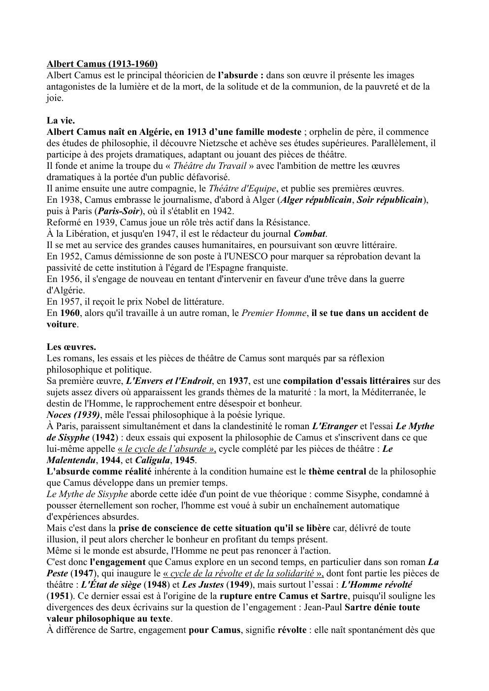 Prévisualisation du document Camus, biographie et présentation des oeuvres principales