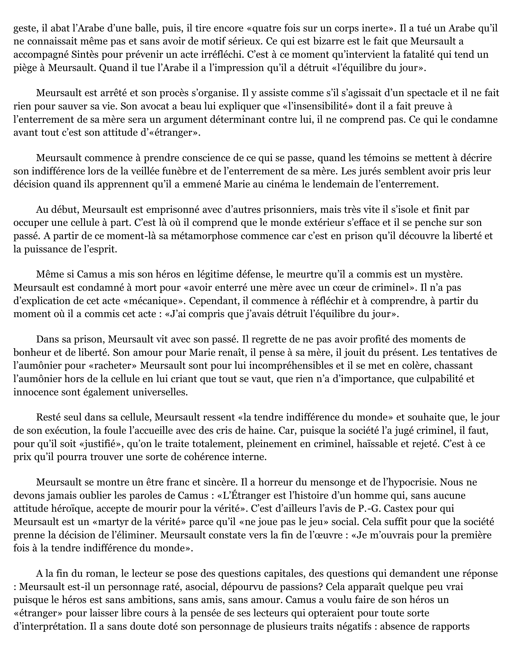 Prévisualisation du document Camus, L'ÉTRANGER, LE PERSONNAGE DE MEURSAULT