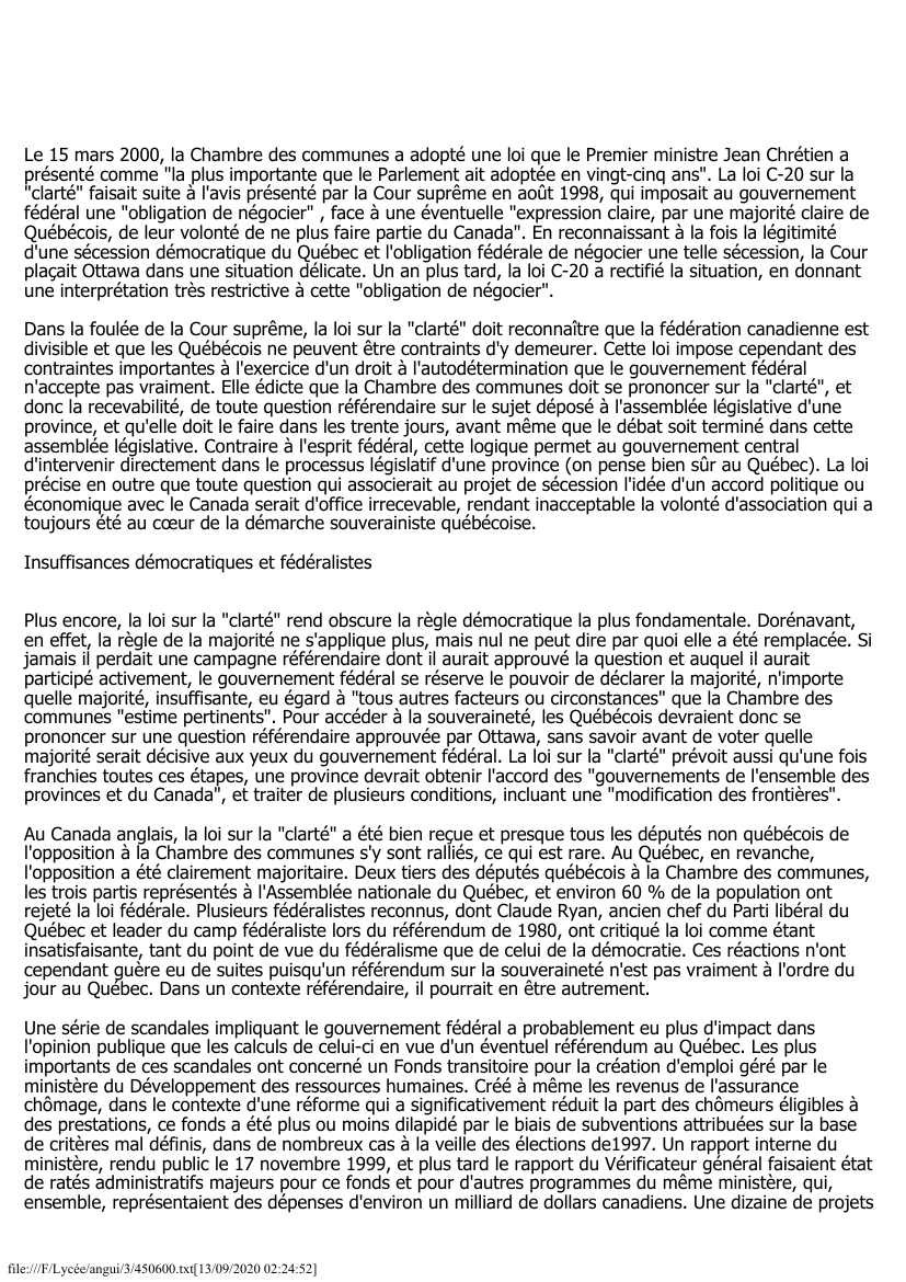 Prévisualisation du document Canada (1999-2000): Clair-obscur fédéral
