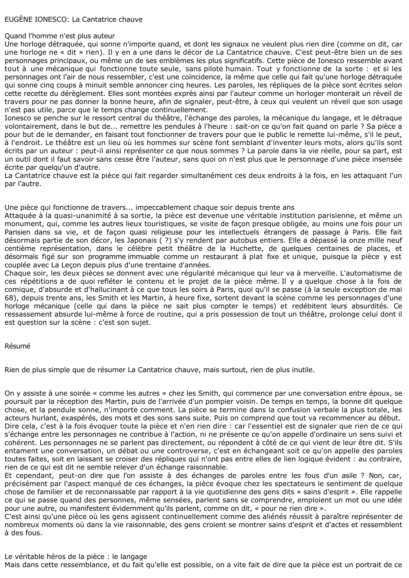 Prévisualisation du document CANTATRICE CHAUVE (La)  Eugène Ionesco. Anti-pièce en un acte