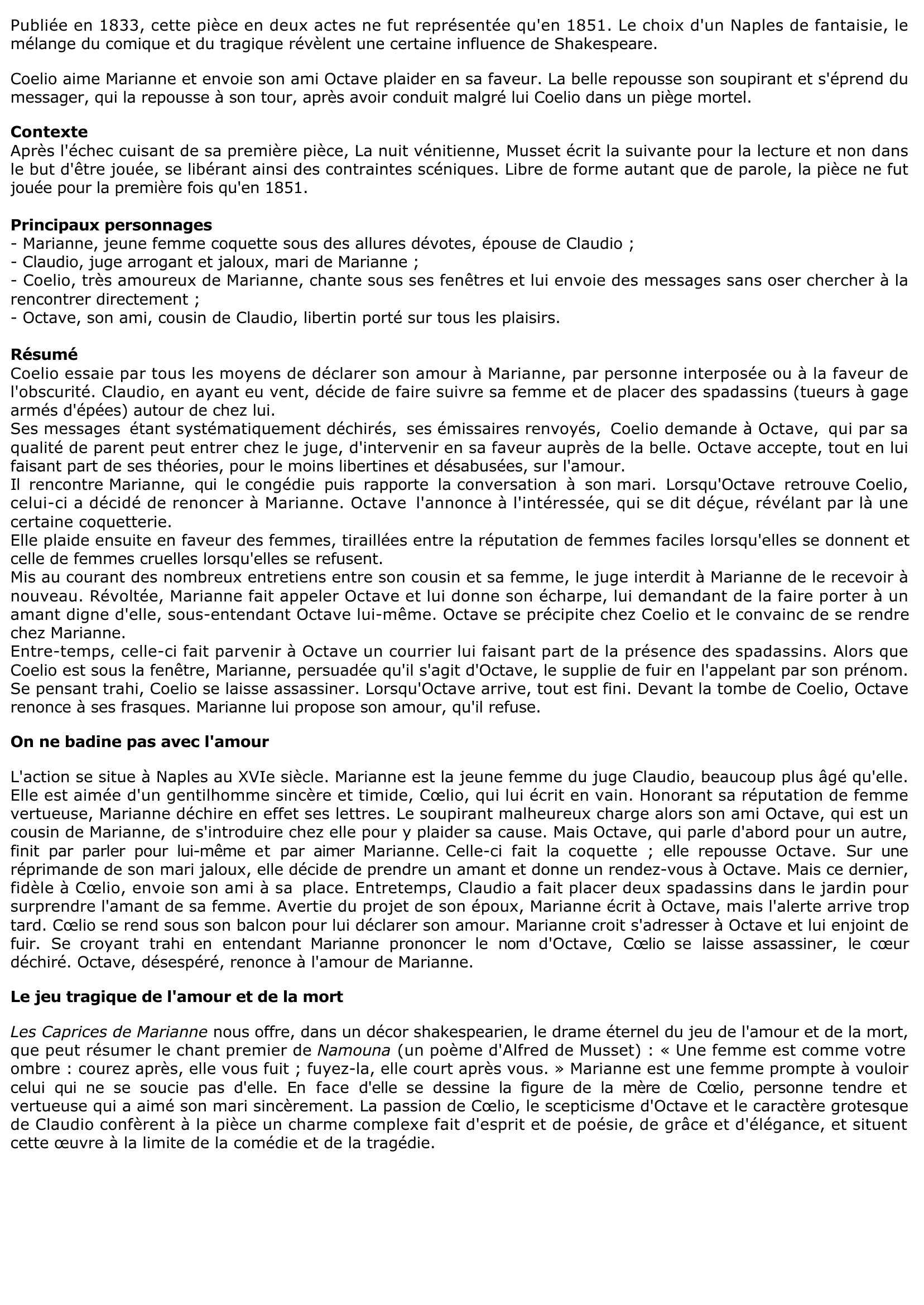 Prévisualisation du document CAPRICES DE MARIANNE (Les)  Alfred de Musset - résumé de l'oeuvre