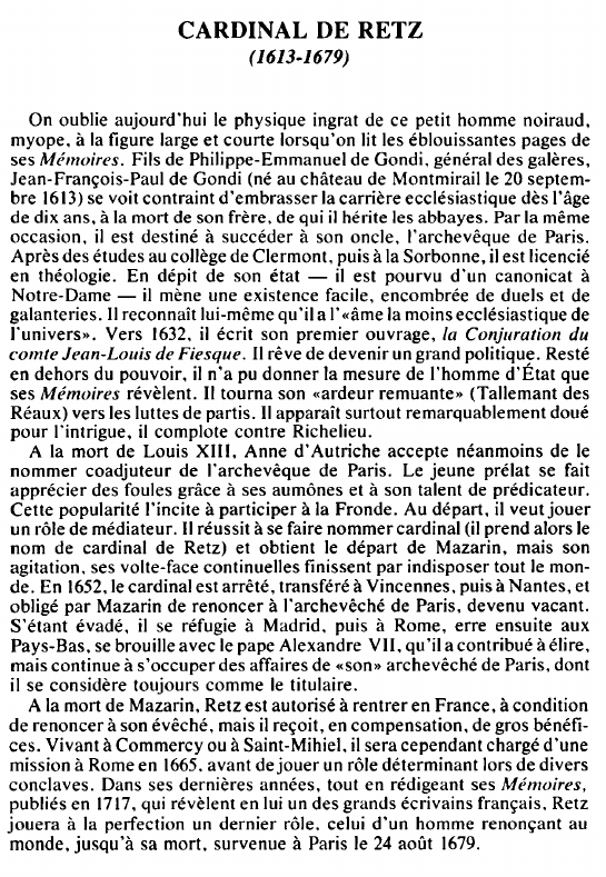 Prévisualisation du document CARDINAL DE RETZ(1613-1679) - BIOGRAPHIE.