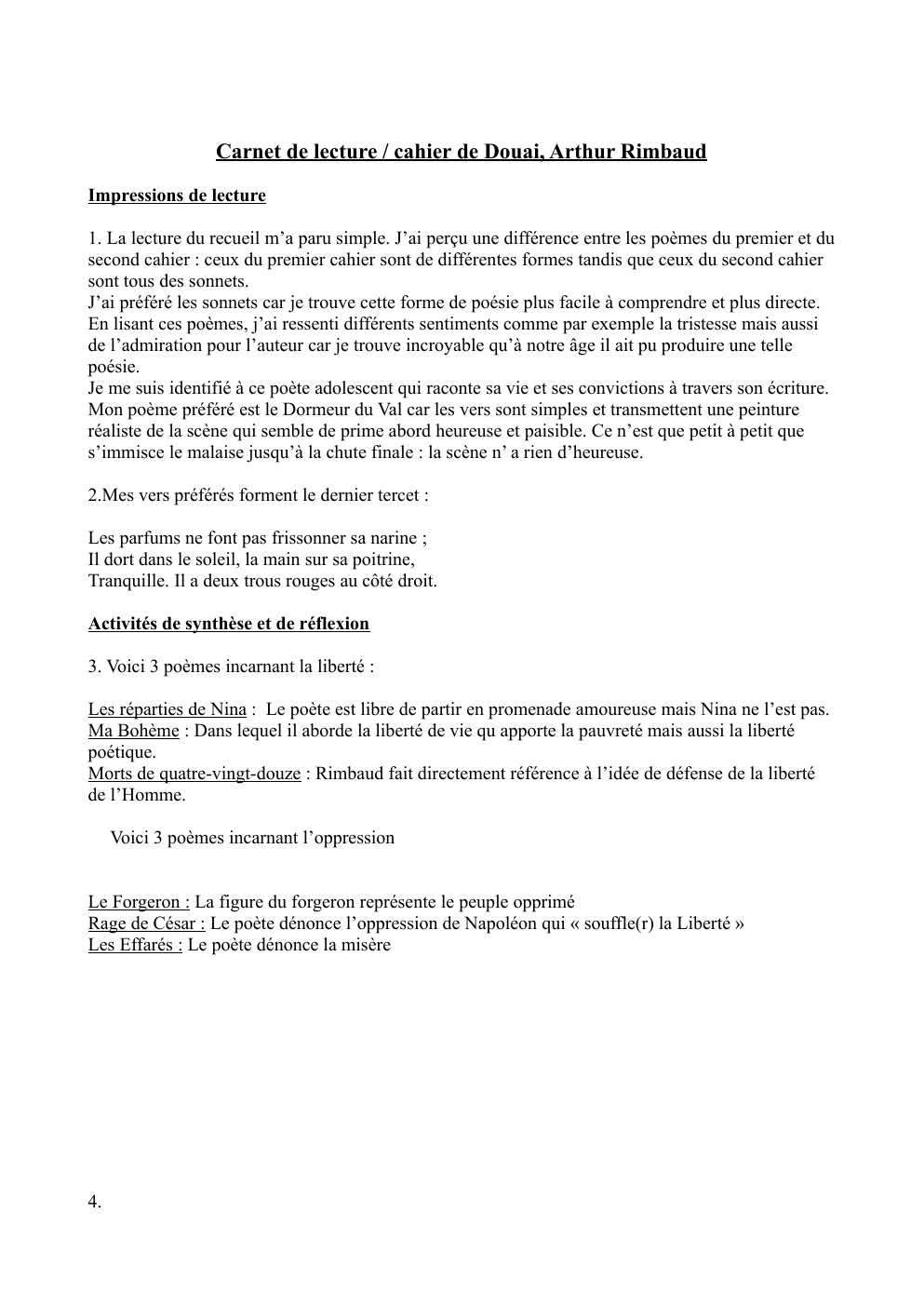 Prévisualisation du document Carnet de lecture / cahier de Douai, Arthur Rimbaud Impressions de lecture