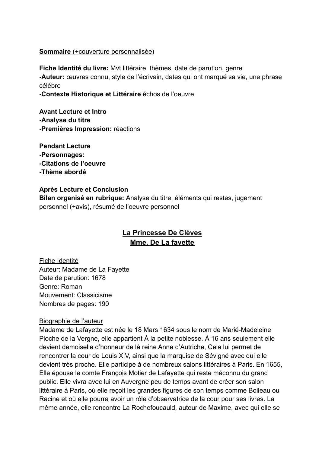 Prévisualisation du document Carnet de lecture de La Princesse de Clèves