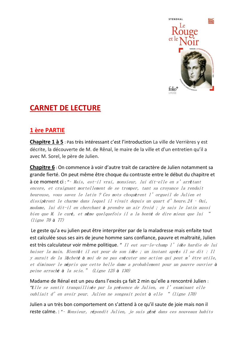 Prévisualisation du document Carnet de lecture du rouge et le noir