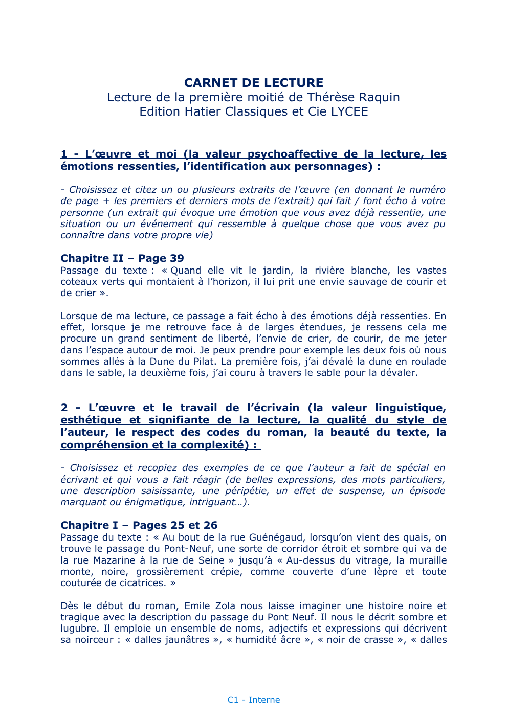 Prévisualisation du document CARNET DE LECTURE Lecture de la première moitié de Thérèse Raquin