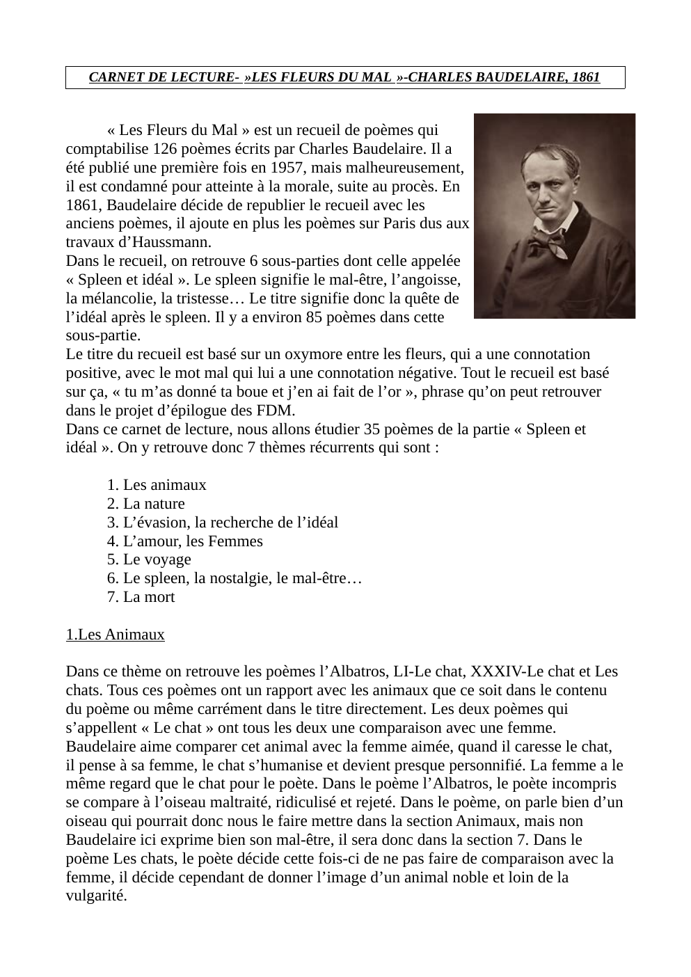 Prévisualisation du document CARNET DE LECTURE- »LES FLEURS DU MAL »-CHARLES BAUDELAIRE, 1861