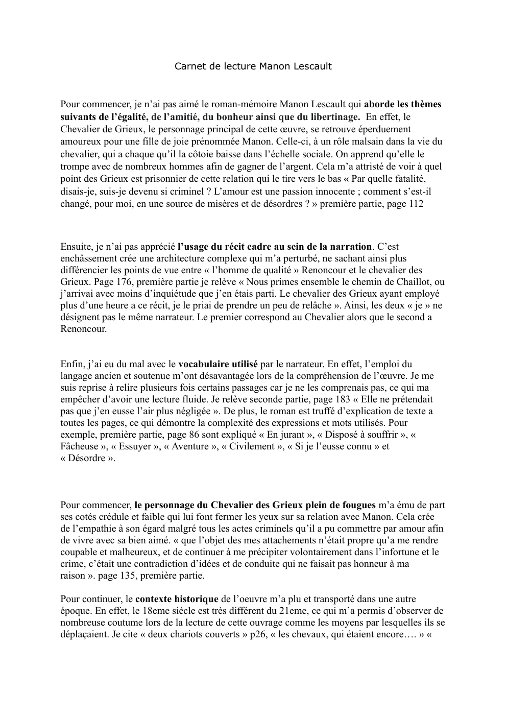 Prévisualisation du document Carnet de lecture Manon Lescaut