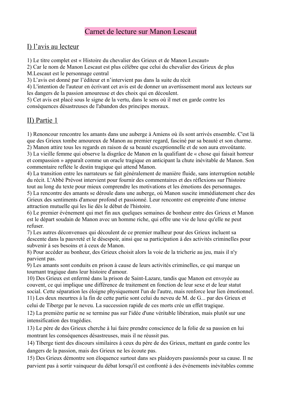 Prévisualisation du document Carnet de lecture sur Manon Lescaut