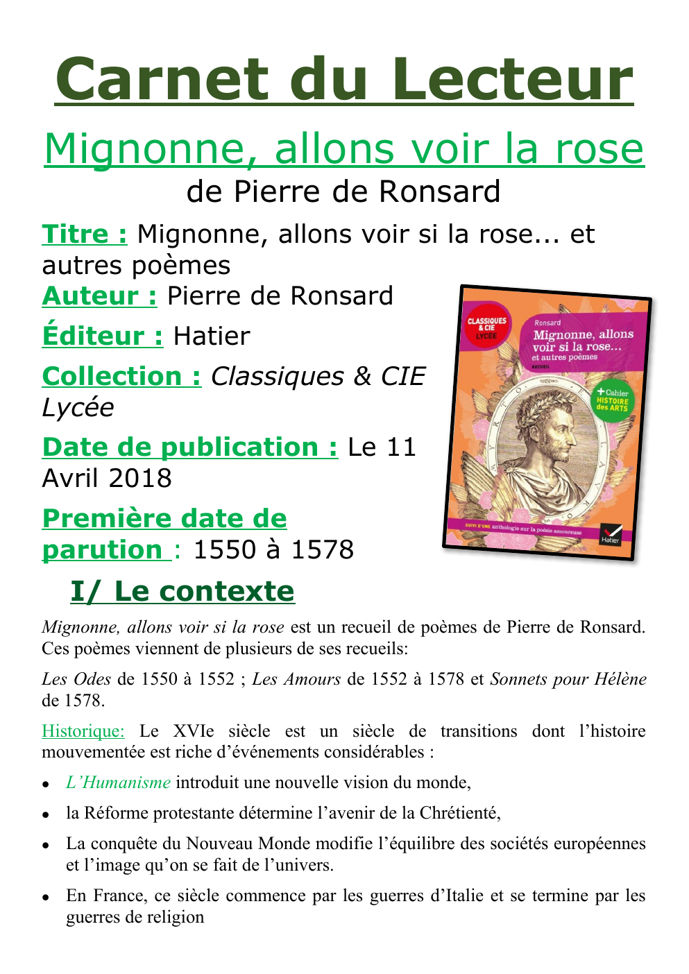 Prévisualisation du document Carnet du Lecteur Mignonne, allons voir la rose de Pierre de Ronsard