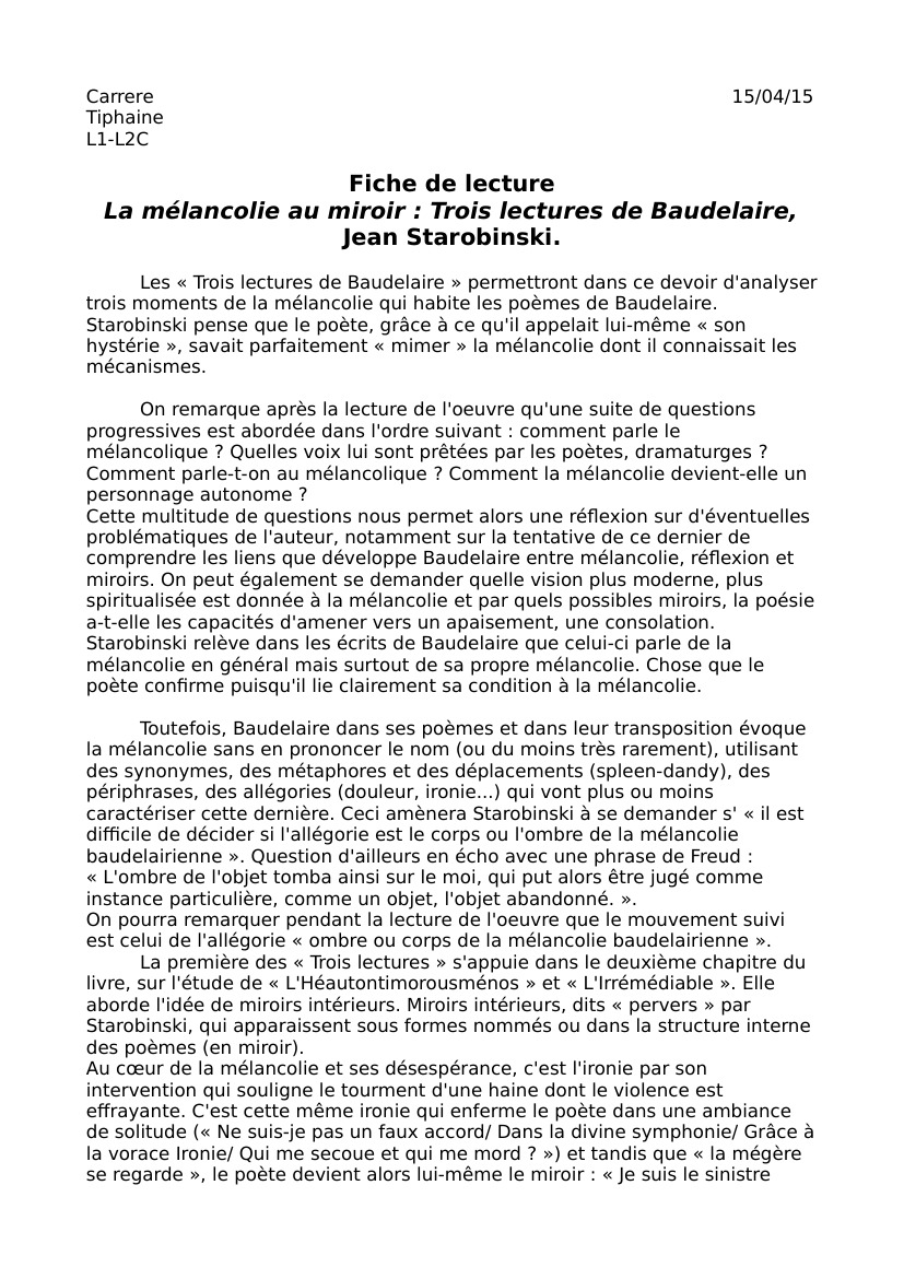 Prévisualisation du document Carrere 15/04/15TiphaineL1-L2CFiche de lectureLa mélancolie au miroir : Trois lectures de Baudelaire, Jean Starobinski.
