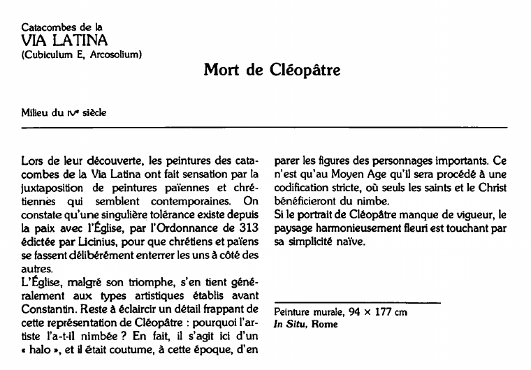 Prévisualisation du document Catacombes de laVIA LATINA(Cubiculum E, Arcosolium):Mort de Cléopâtre.