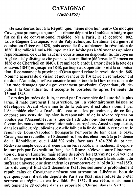 Prévisualisation du document CAVAIGNAC(1802-1857) - BIOGRAPHIE