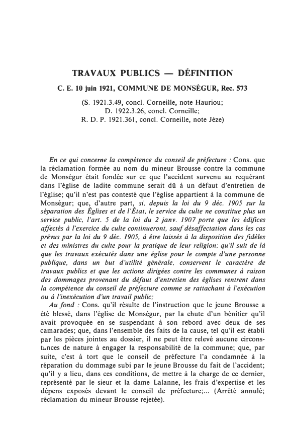 Prévisualisation du document C.E. 10 juin 1921, COMMUNE DE MONSÉGUR, Rec. 573