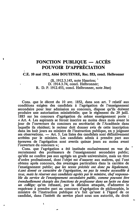 Prévisualisation du document C.E. 10 mai 1912, Abbé BOUTEYRE, Rec. 553, concl. Helbronner