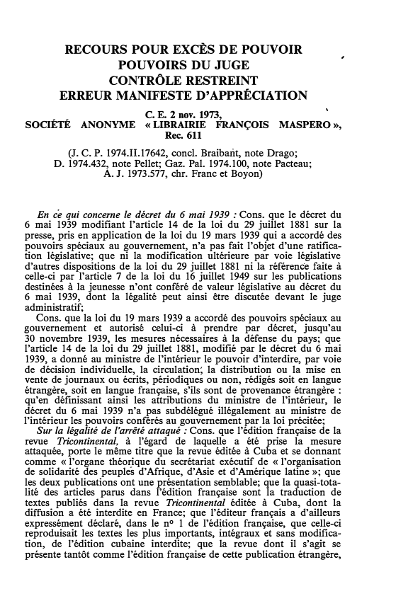 Prévisualisation du document C.E. 2 nov. 1973, SOCIÉTÉ ANONYME « LIBRAIRIE FRANÇOIS MASPERO », Rec. 611